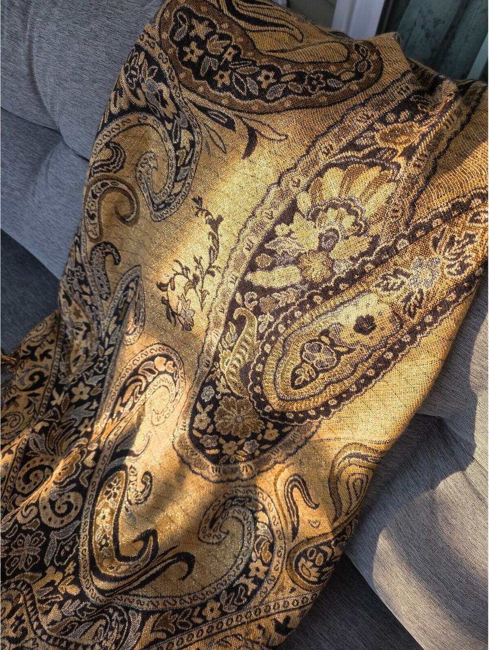 Elegant Gold and Black Paisley Patterned Shawl or scarf with Fringe Edges - Picture 1 of 6